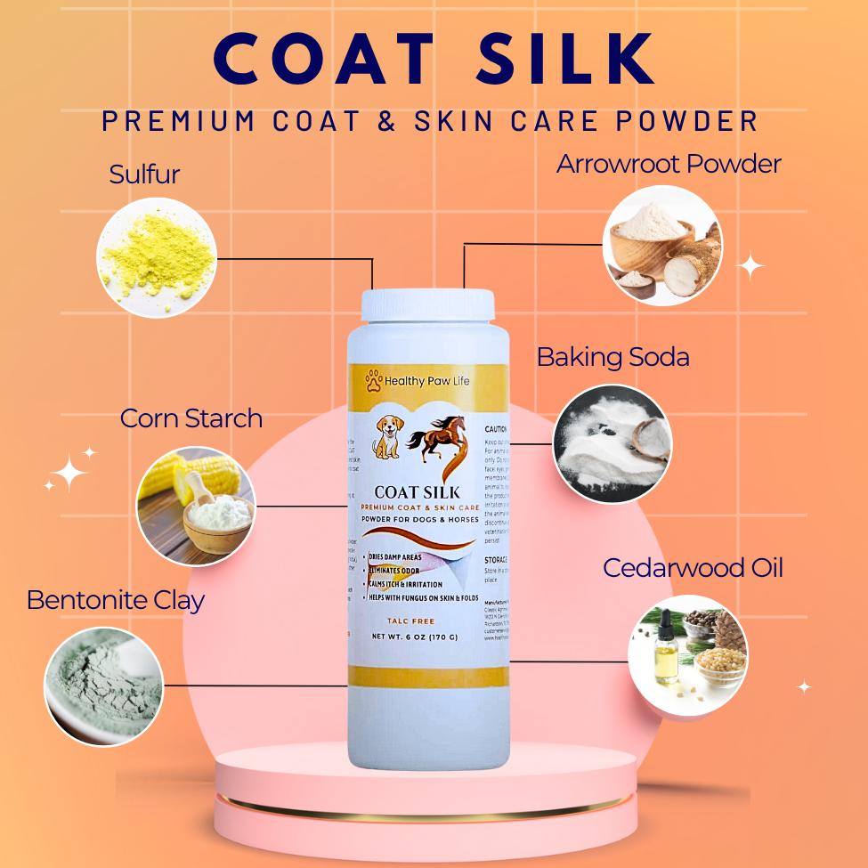 COAT SILK - Canine and Equine Dry Powder | Alleviate Odors and Itchiness | Relieves Rain Rot and Sweet Itch | Holistic Remedy and Soothing Formula