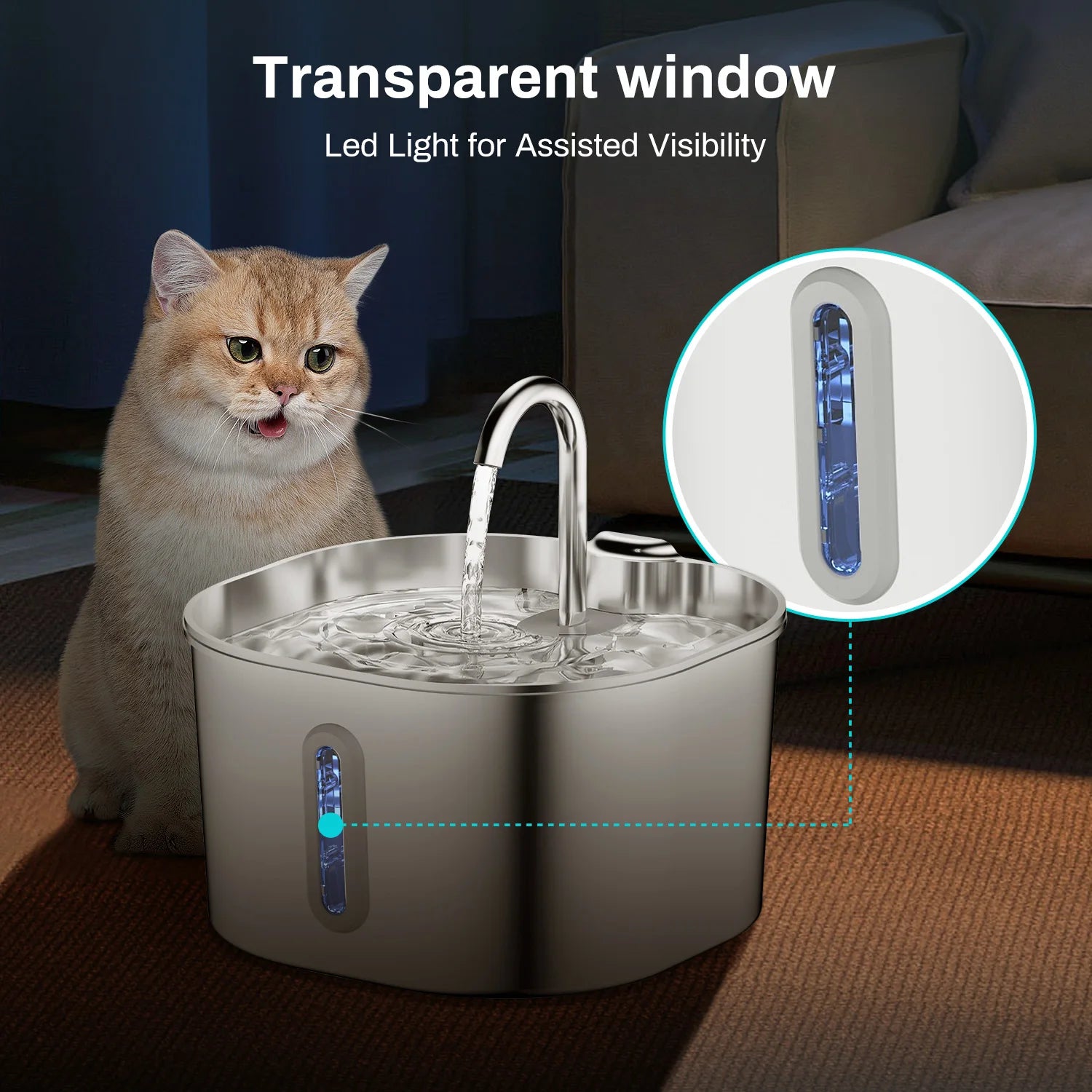 Stainless Steel Cat Water Fountain,2.2L,Pet Water Dispenser With